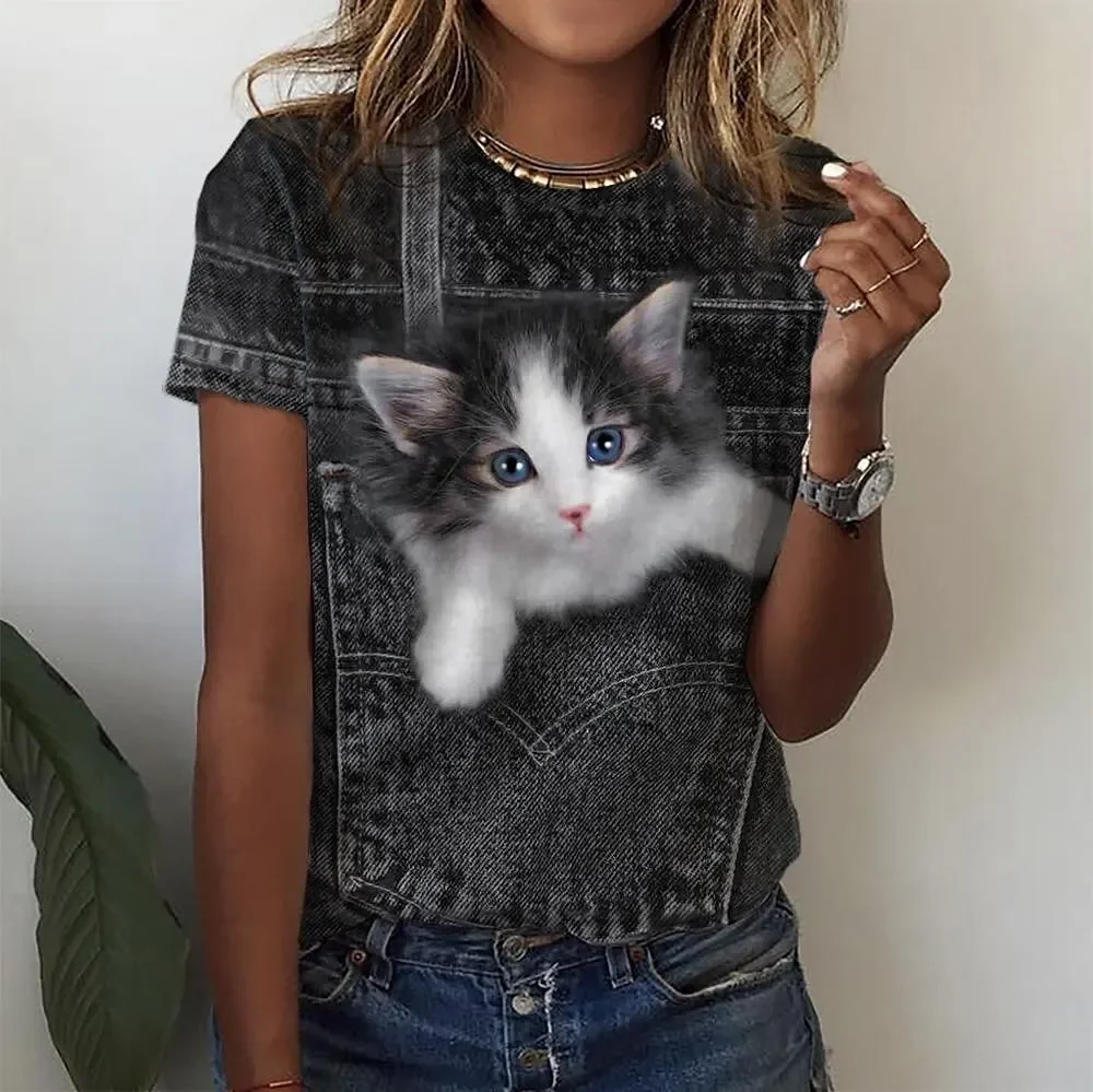 Fashion 3D Kawaii Cat Print T Shirt For Women Street Trend Summer Short Sleeve Tees Casual O-neck Loose Tops Female Y2k Clothing