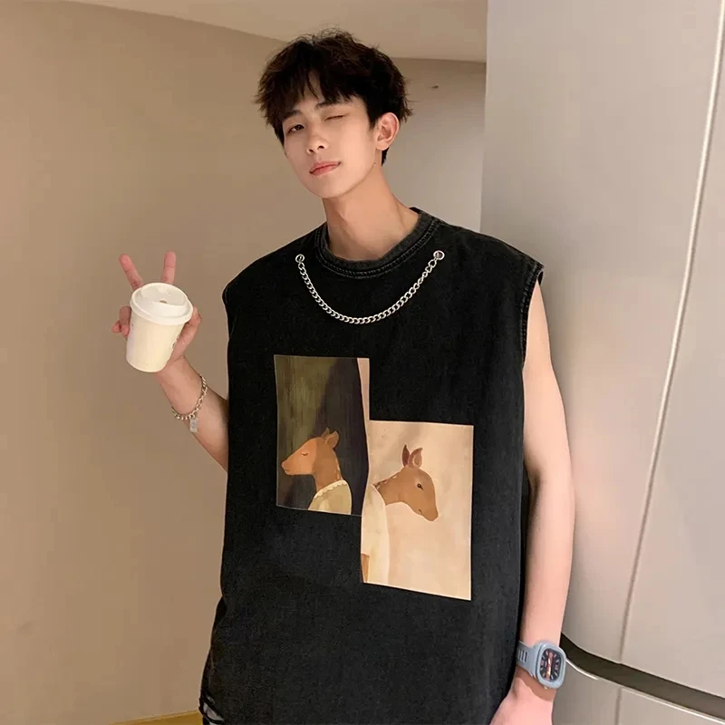 Black Undershirt Men's Summer Loose Design Large Size Sleeveless T-shirt Tide Netflix Sports Fitness Sweatshirt Deer Sports