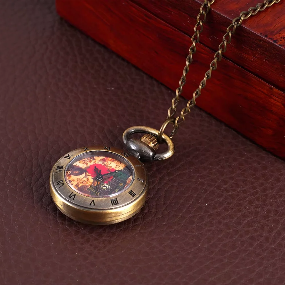 Bronze single case quartz Watch Roman scale clock tower and flower pattern pocket watch necklace wall watch