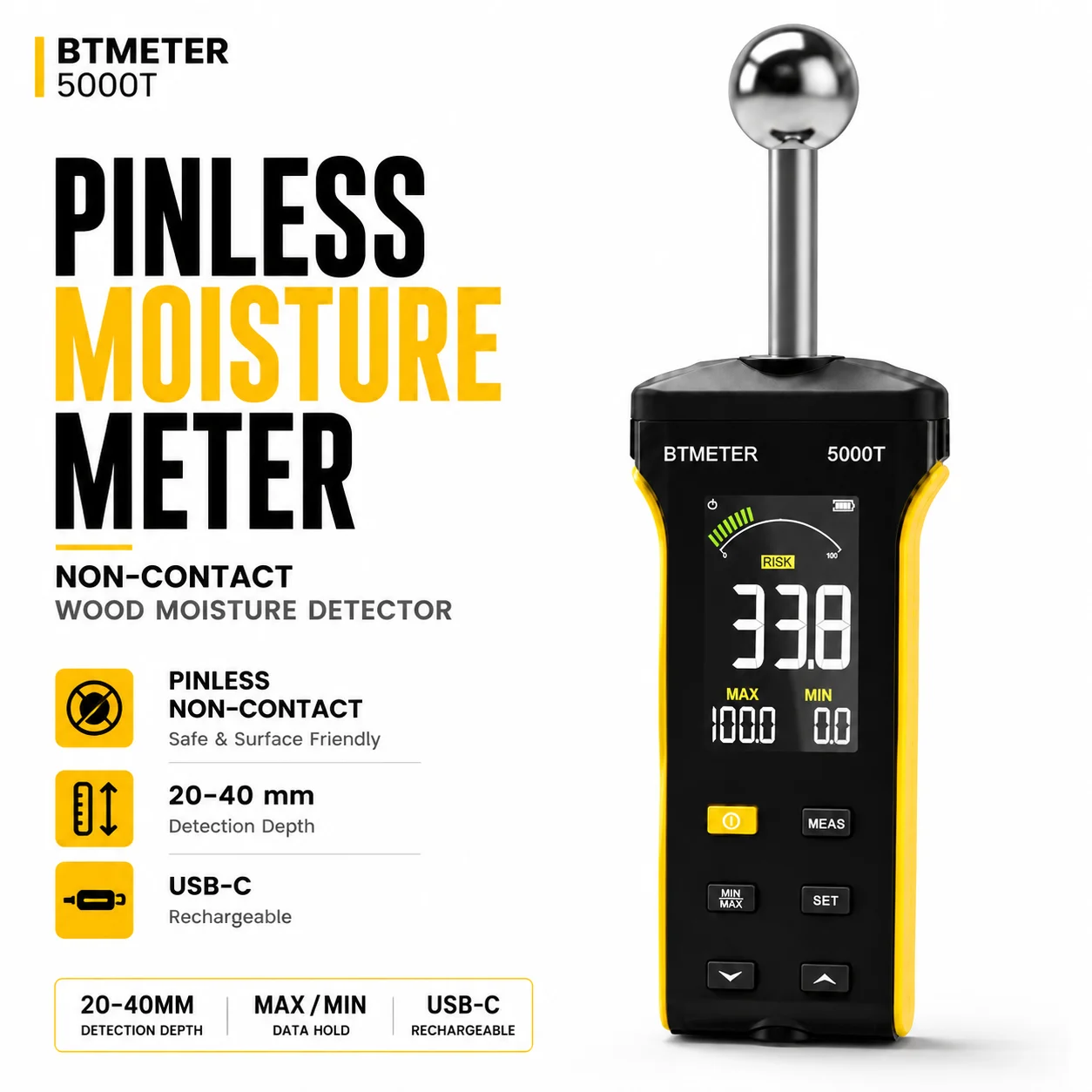 BTMETER Houtvochtmeter - Pinloze vochtdetector Niet-destructieve vochttester voor hout, brandhout, wanden, gipsplaten en vloeren