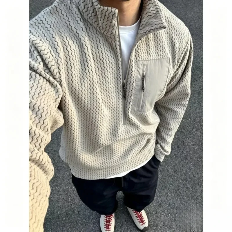 Autumn and winter warm stand up collar half zip jacket, outdoor casual sports fleece jacket, wave pattern texture for men