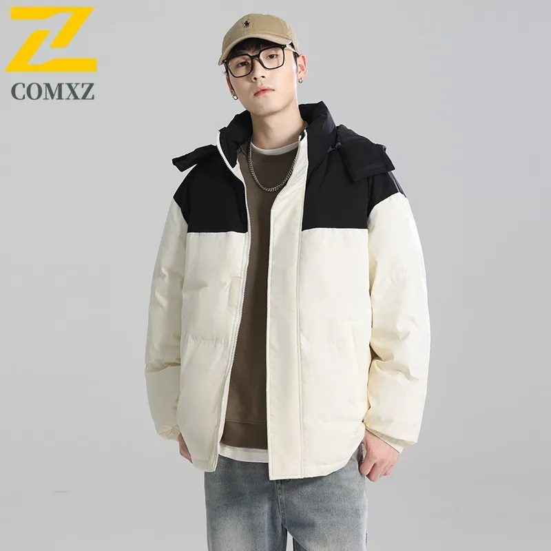 

COMXZ High Quality Hot Sale Down Jacket Men Trend Workwear Color Block Dual Zip Thickened Thermal Hooded outdoor sports Top 2025
