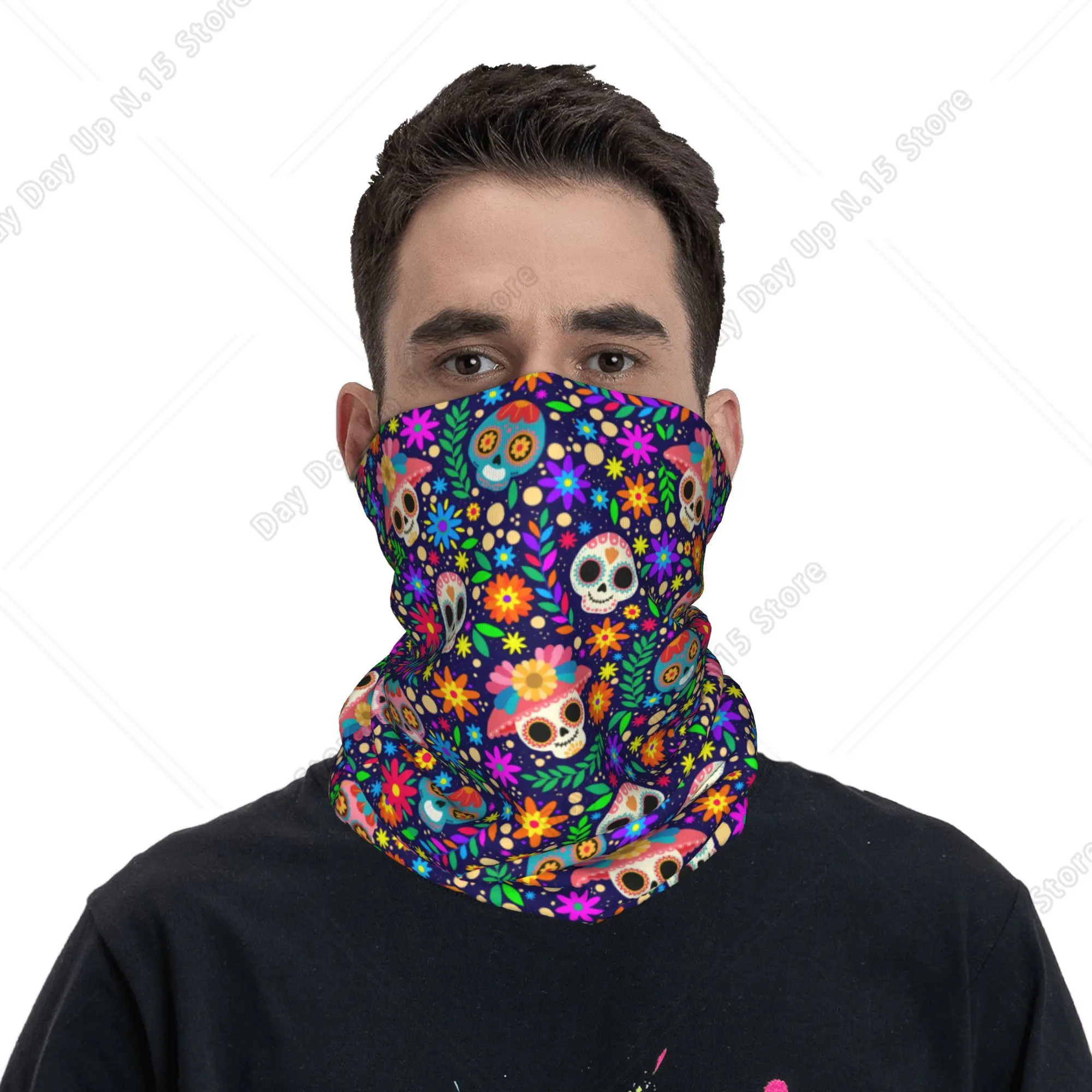 Mexican Flowers Day Of The Dead Sugar Skull Bandana Winter Neck Warmer Men Windproof Wrap Face Scarf for Hiking Gaiter Headband