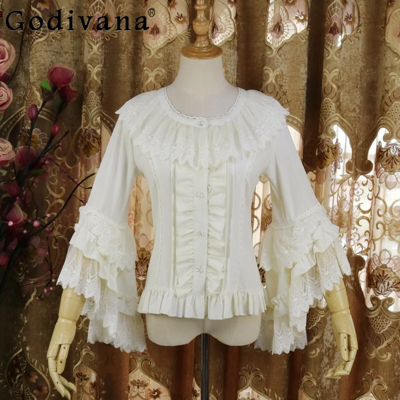 

Lolita 2025 Summer New Lace Sweet Ruffles Chiffon Blouse Girls Heavy Industry Flare Sleeve Round Neck Seven-quarter Sleeve Top