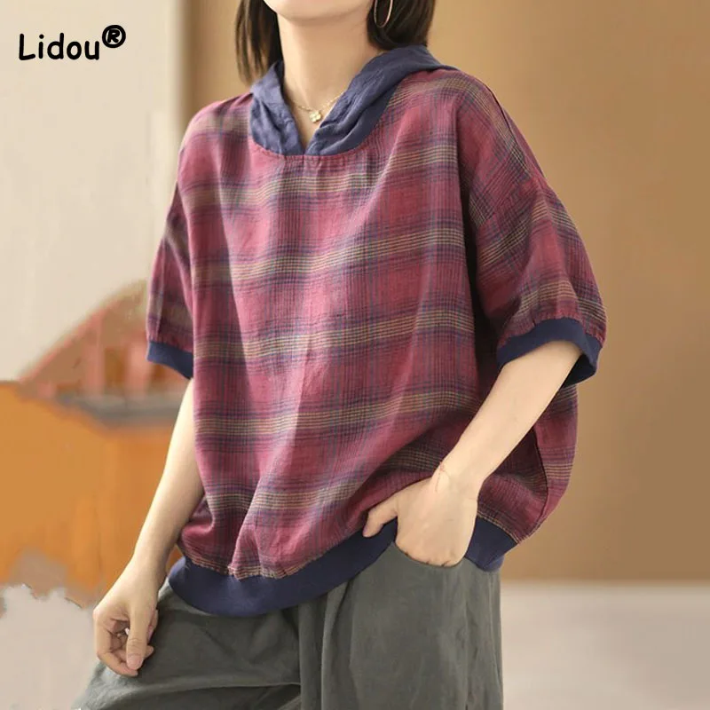 

Summer Vintage Loose Plaid Hoodies T-shirt Women's Clothing Fashion Casual Short Sleeve Female Contrasting Colors Pullovers Tops