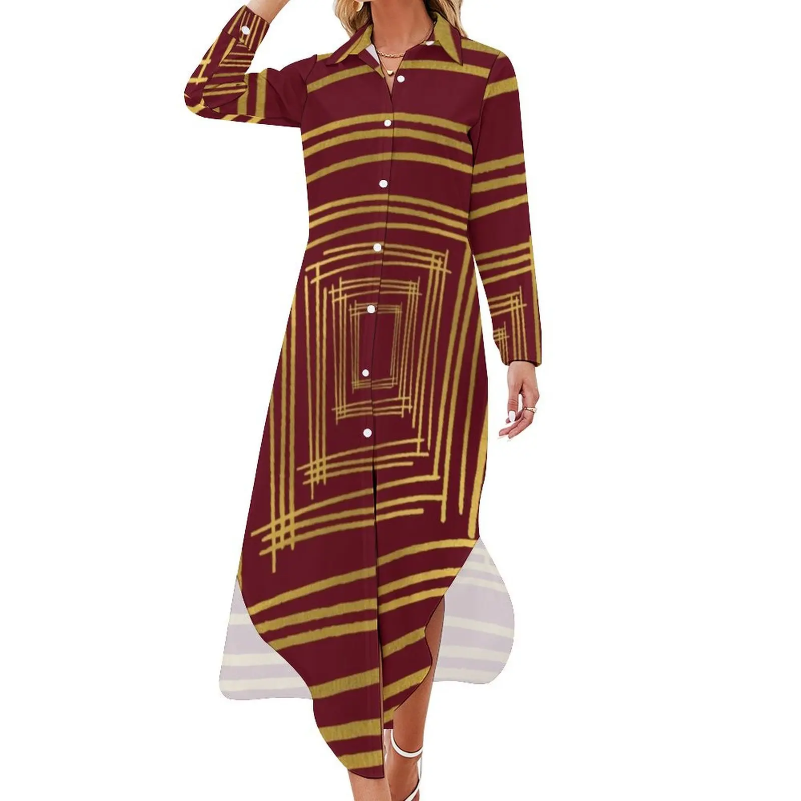 Garnet and Gold stripes Long Sleeved Shirt Dress Dress vintage evening dresses luxury 2024 Dresses gala