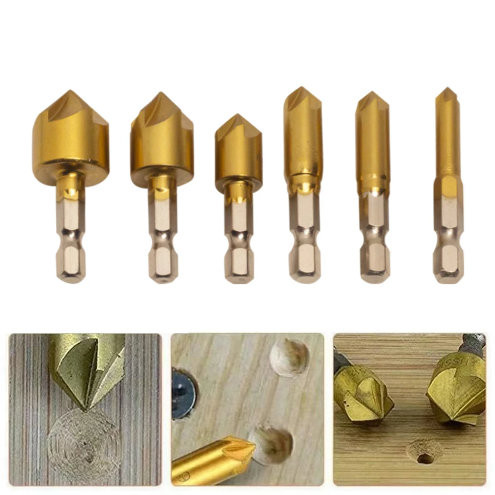 6pcs 6-19mm 5 Flute Countersink Drill Bit Set 1/4 Hex Shank For Wood Metal Plastic Drilling Tool Home Improvement