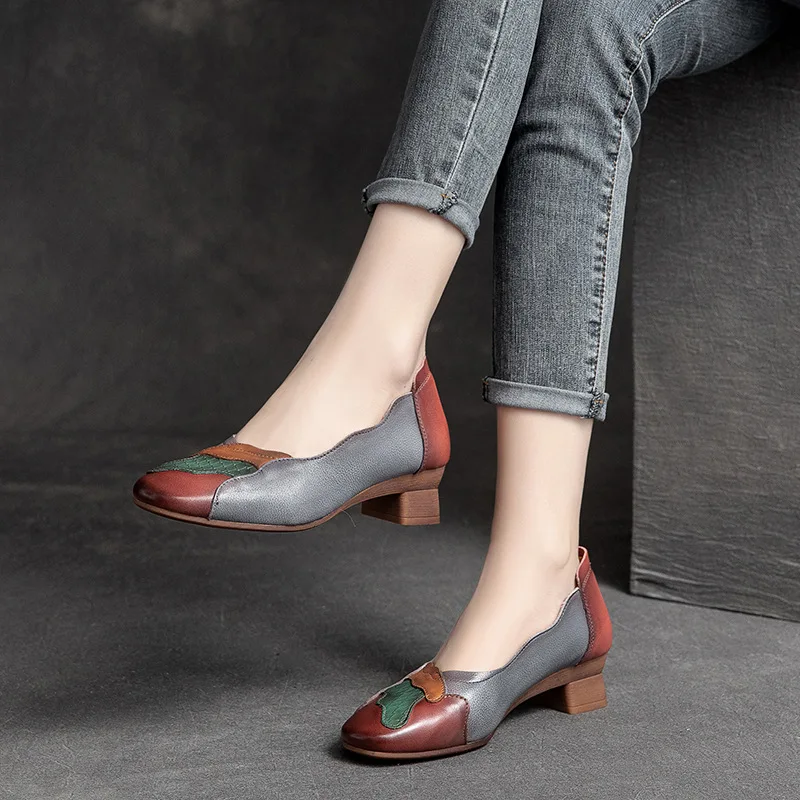 

2022 Spring Fashion retro style Genuine Leather Pumps Women Shoes Low Heels Square Heel Ladies single shoes