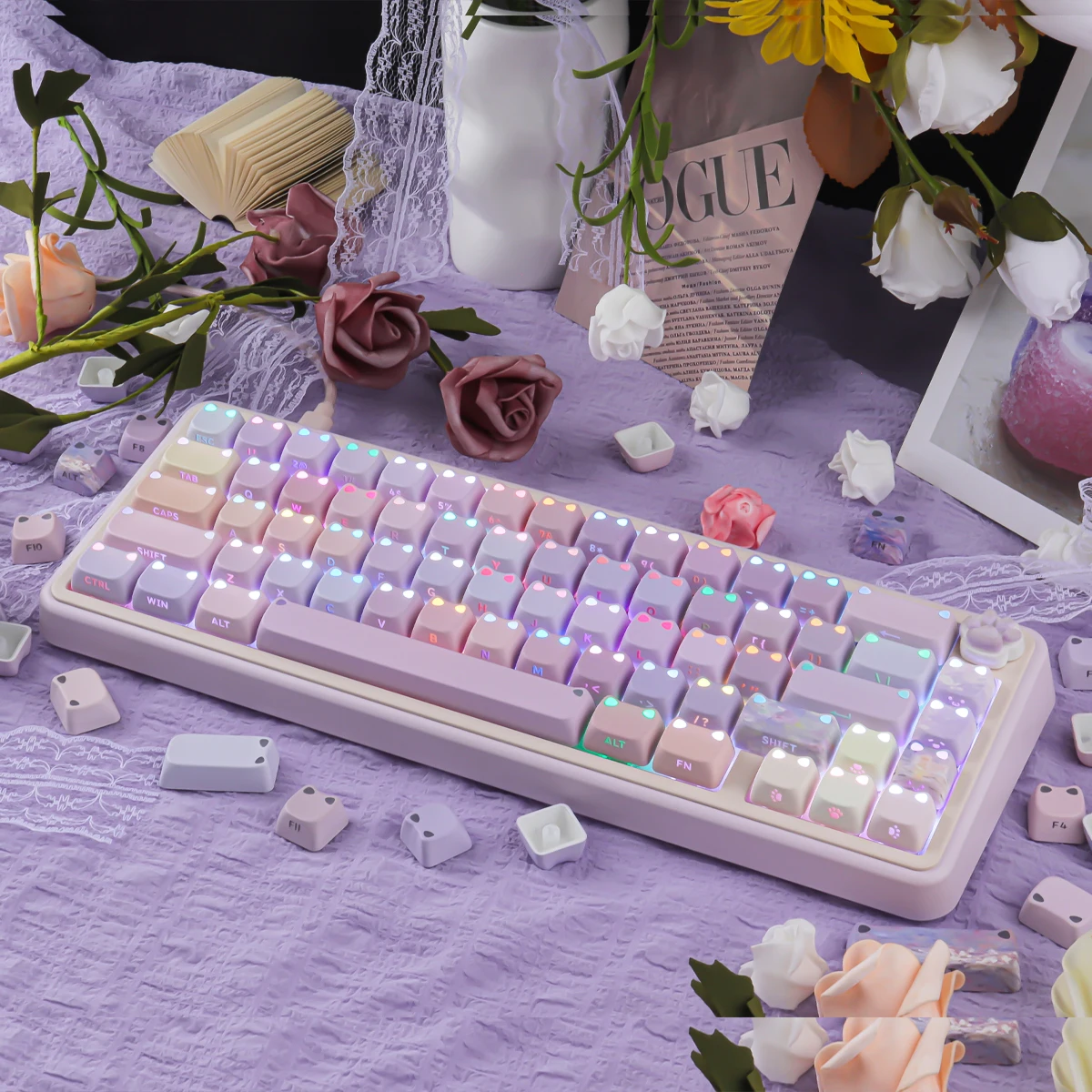 Water Lilies Side Backlight Keycaps 113 Keys PBT Material MAO Profile DYE-SUB Keycaps For MX Switch Wooting Mechanical Keyboard