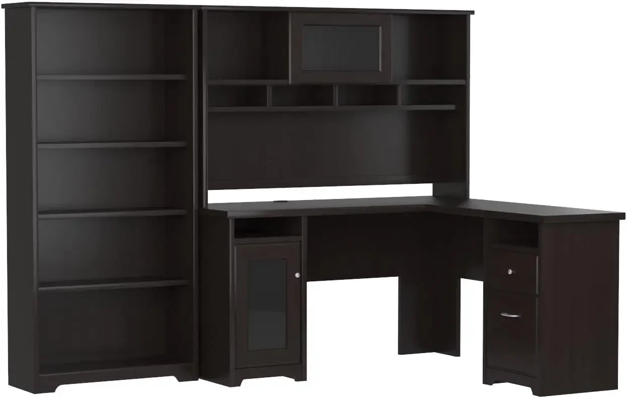 Bush Furniture Cabot Mesa de computador em forma de L de 60 W com gaiola e estante de 5 prateleiras em carvalho expresso