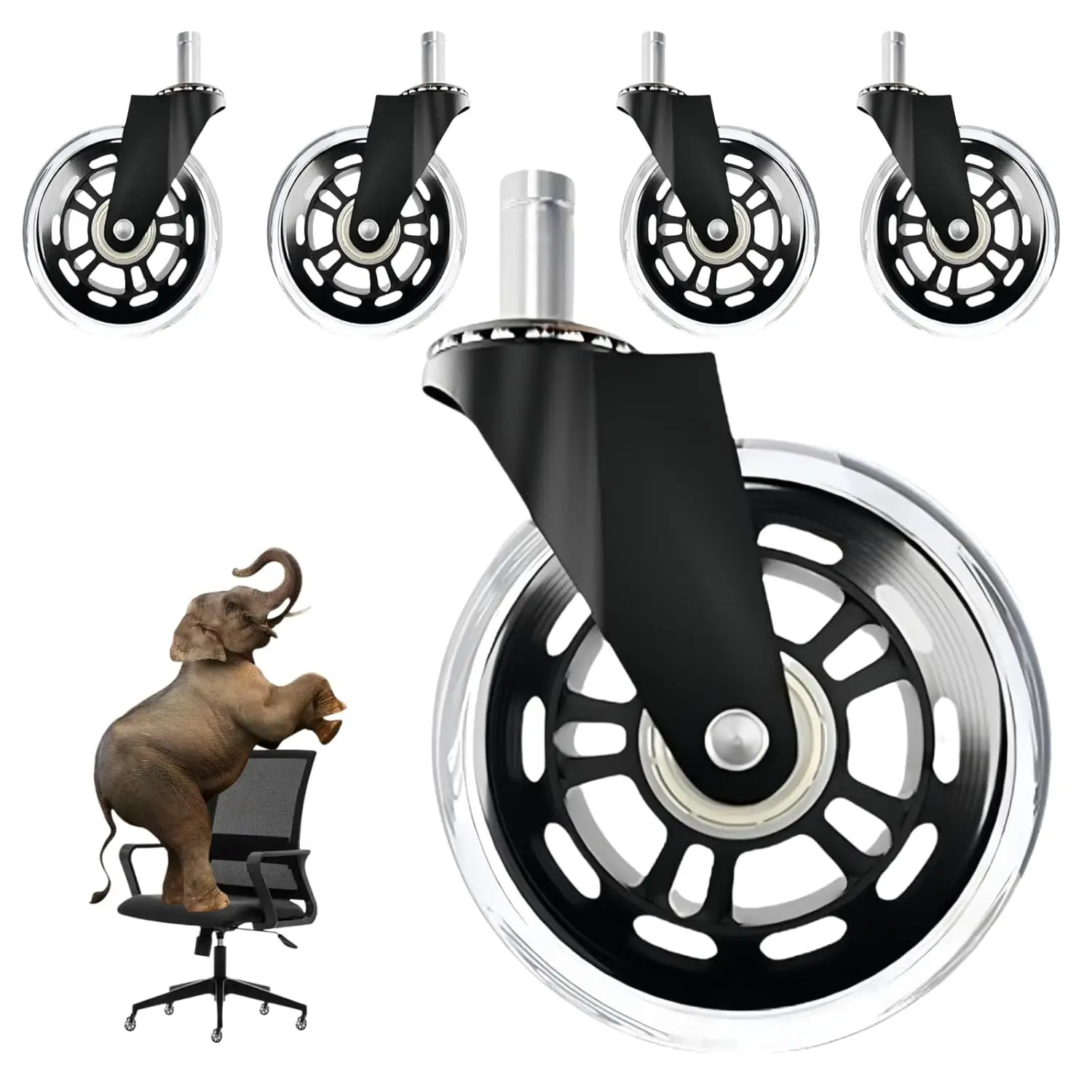 オフィスチェアキャスターホイール5個セット、頑丈であらゆる床に対応、硬材床も含む、3インチゴム製デスクフロア用交換ホイール