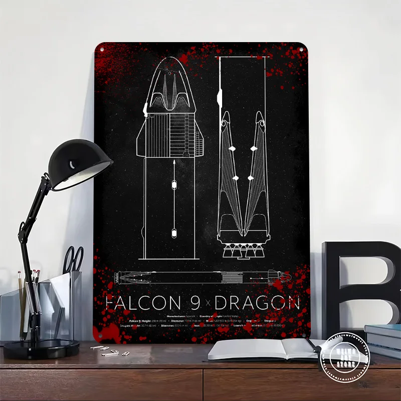 Falcon 9 X Dragon 2 Printed Poster Customized Wall Art Retro Vintage Metal Tin Signs for Home Office Decoration Gaming House