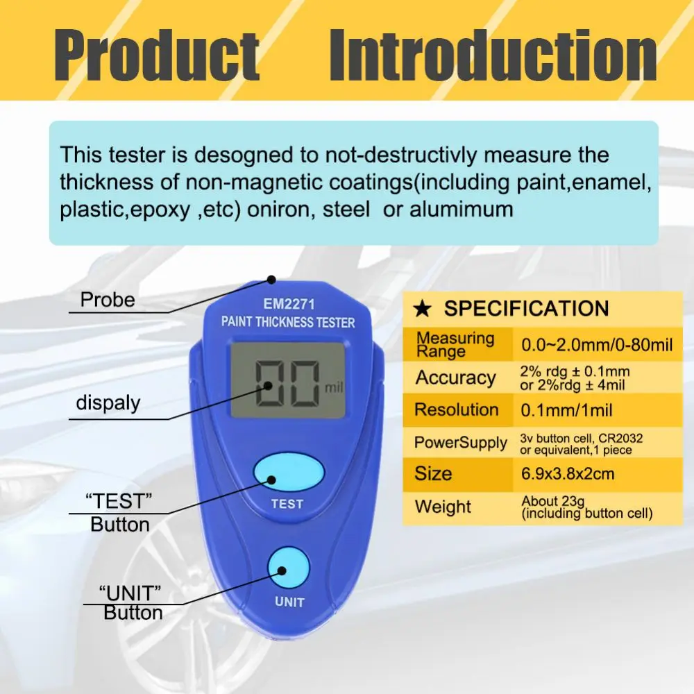 EM2271 Manual Digital Paint Thickness Gauge Auto Coating EM2271A Car Accessories Digital Display Mini Car Paint Thickness Meter