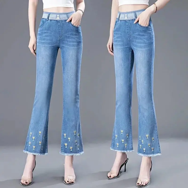 Office Lady Casual Women Flared Jeans Spring Summer Korean Fashion Embroidery Elastic Waist Streetwear Slim Cropped Denim Pants