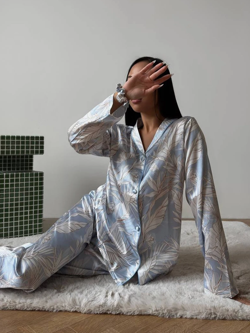 Marthaqiqi Printing Ladies Sleepwear Set Long Sleeve Nightgowns Sexy Turn-Down Collar Nightwear Pants Casual Pajama 2 Piece Suit