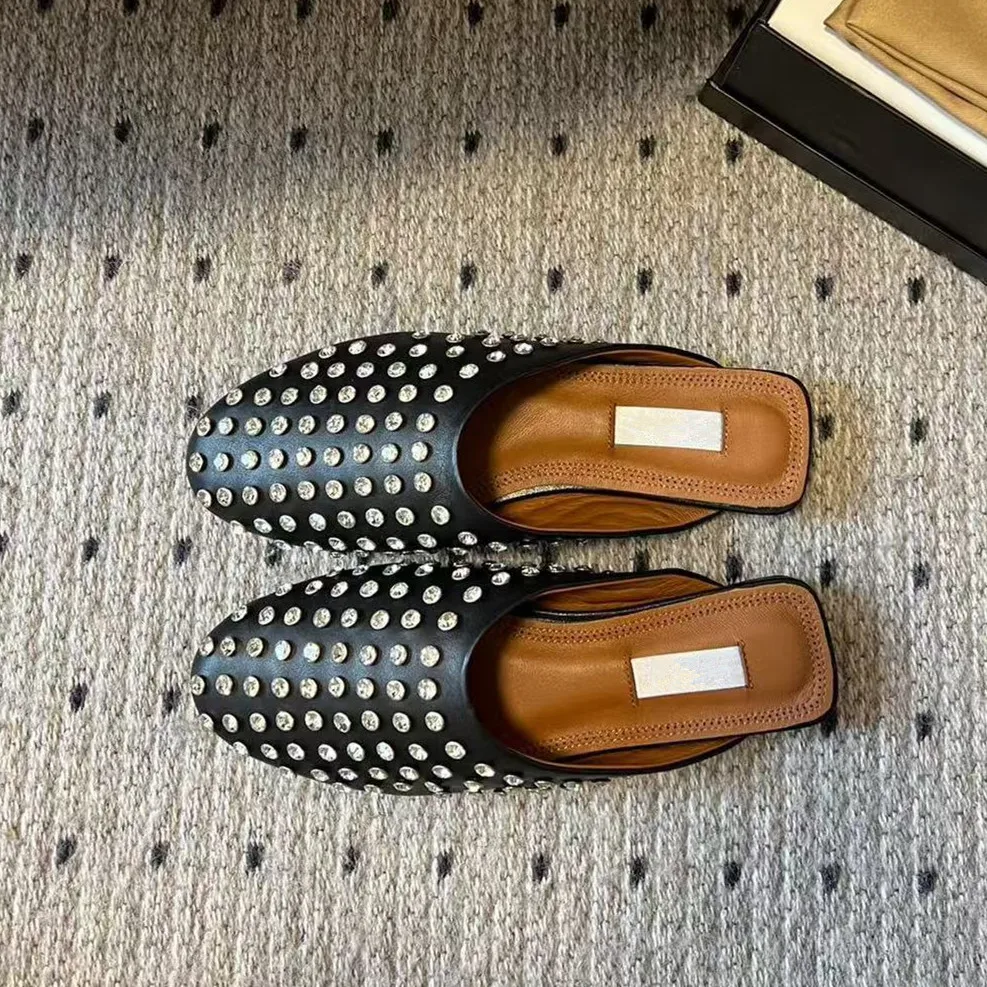 شبشب مولر كسول من الجلد الطبيعي الماسي المائي للنساء ملابس خارجية صيفية، قاعدة مسطحة، غطاء رأس، نصف شبشب مثبت