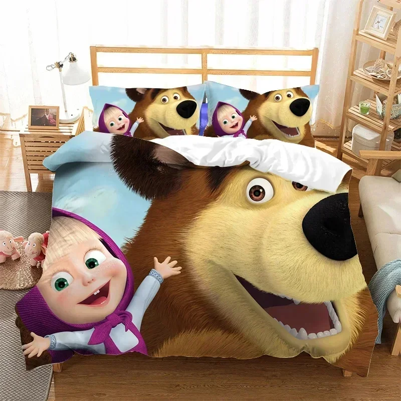 رائجة البيع ماشا والدب طقم سرير غطاء لحاف مع المخدة أنيمي ديكور غرفة نوم غطاء لحاف الفراش دعوى الاطفال هدية عيد الميلاد