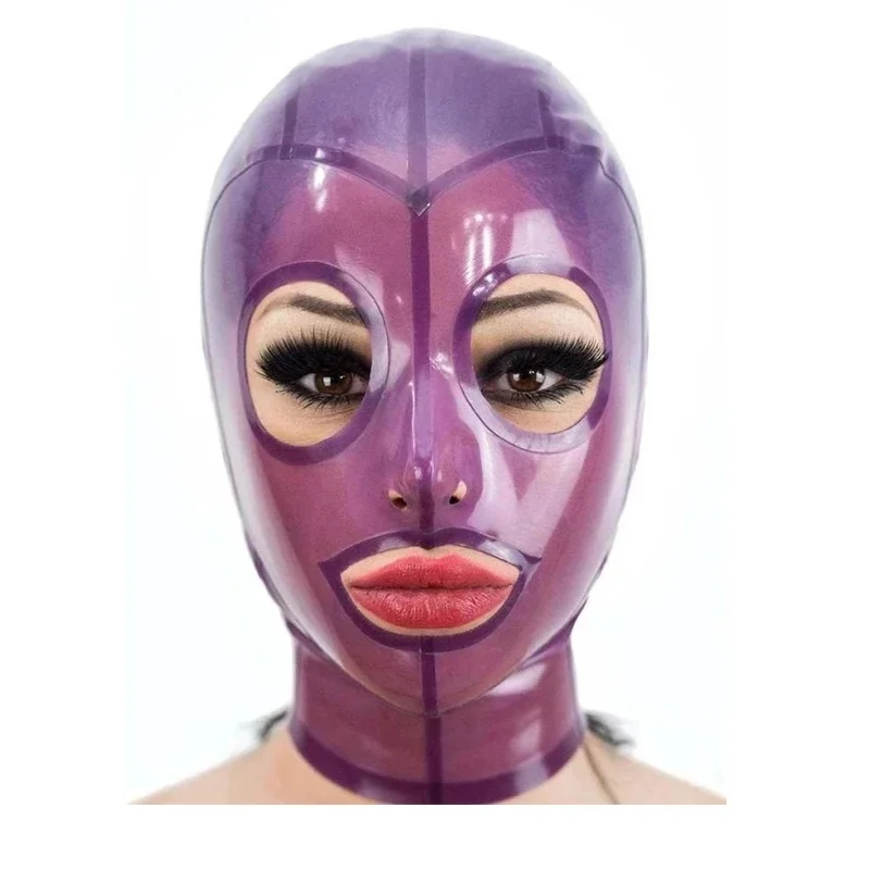 Latex Mask Fetish 100% Natural Latex Transparent Purple Rubber Hoods Open Mouth Eyes Sexy Headgear Handmade