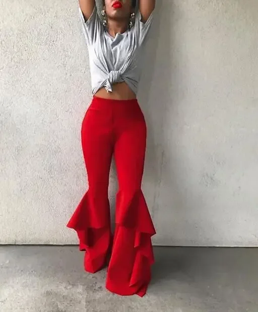 

Elastic Bottom 2024 Fashion Summer New Wide Leg Trouser Elegant Clothing Hippie Women Enthusiastic Red Ruffles Slim Flare Pants