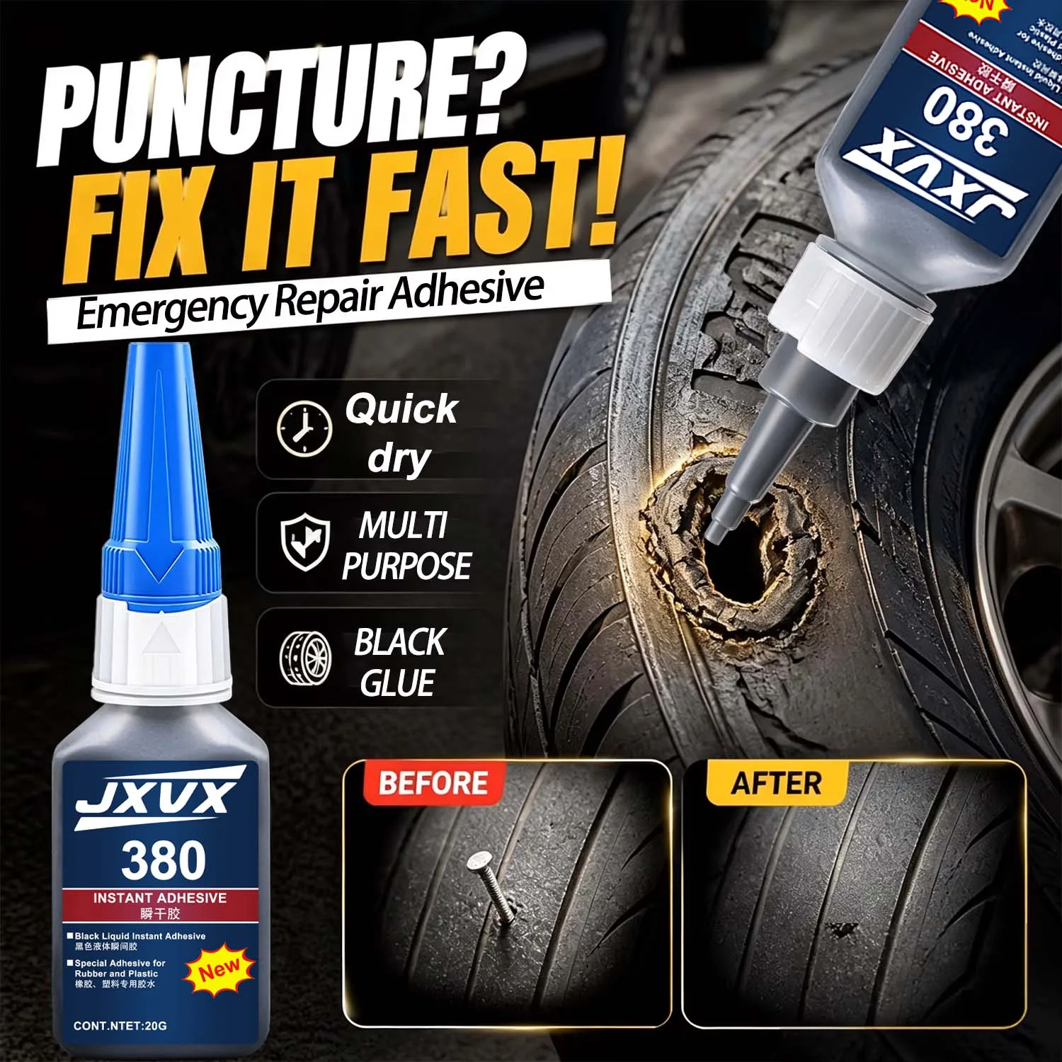 6Pcs 20mL 380Tire Repair Black Glue Liquid Strong Rubber Wear resistant Instant Adhesive For Bike Motorcycle ATV Car Tyre Crack.