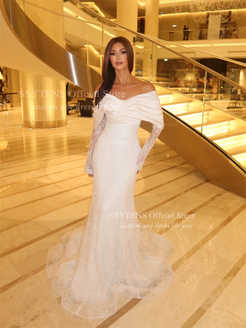 Unikatowe suknie ślubne SSYTENS w kolorze kości słoniowej, suknie ślubne typu syrena, z długimi rękawami, cekinami, koronką, Vestidos De Novia, Robe De Mariée, szyte na miarę