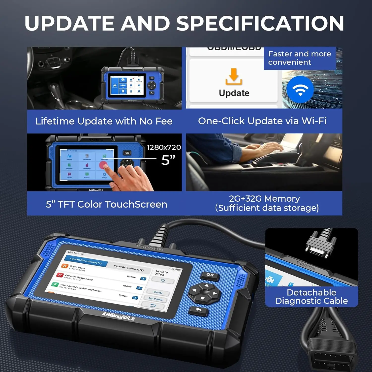 Topdon artidiag600s obd2 scanner 4 sistema ferramenta de diagnóstico do carro abs srs tpms motor 8 funções redefinição ferramenta diagnóstico atualização gratuita