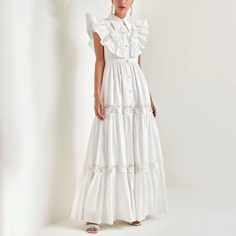 

French Style Elegant Lace Embroidered Long Dress 2025 New Turn-down Collar Ruffle Sleeve Waist-cinching Slimming Long Dress