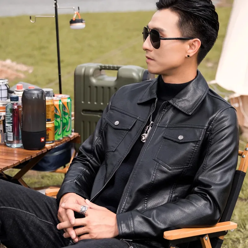 Black Motor Jacket for Men PU Leather Solid Colors Autumn Winter Biker Jackets Lapel Zippers Outwears Imitation Genuine Leather
