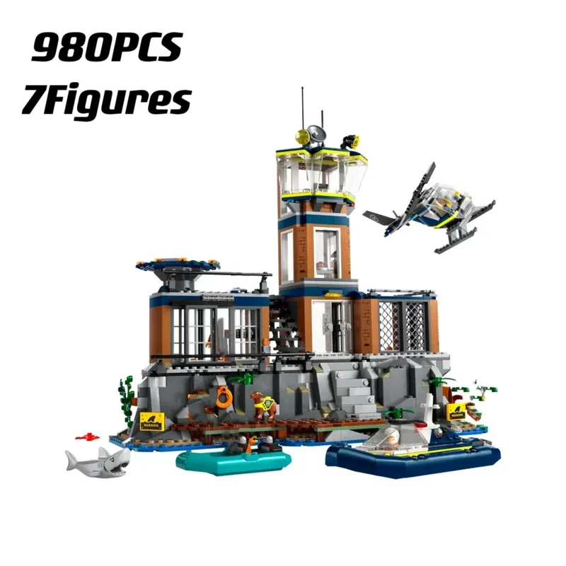 Suitable for 60419 City police Station sea prison Island building set helicopter boat shark brick toy children's Christmas gift