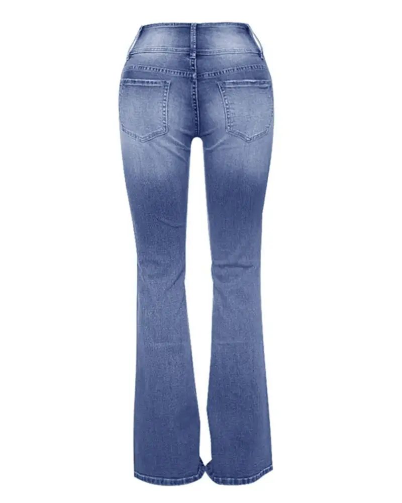 Midiross Women's Vintage Button Side Design Mid-Waist Stretch Flare Jeans Classic Retro High-Low Tapered Leggings