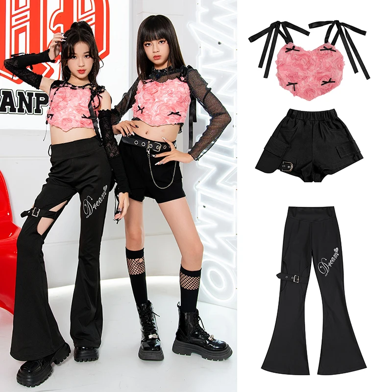 

2024 New Kids Hip Hop Dance Costume Girls K-Pop Jazz Stage Outfit Fashion Show Stage Clothes Pink Tops Shorts Pants XH1181