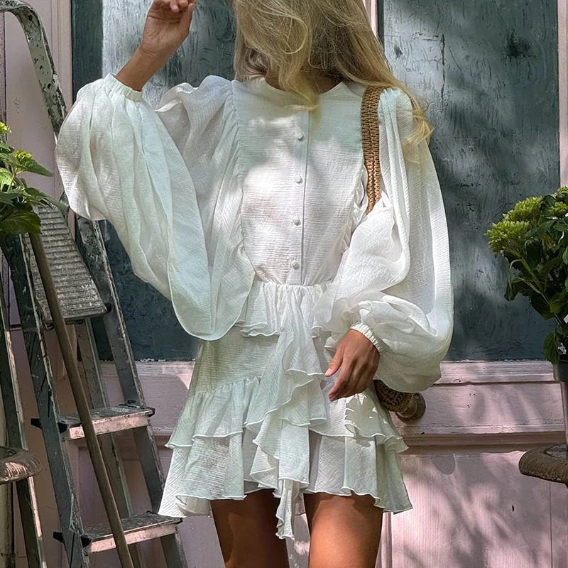 

Women Casual O Neck Button Lantern Sleeve Dress 2025 Fashion Party Short Dress Layered Ruffle Loose Spring Summer Dress Vestidos