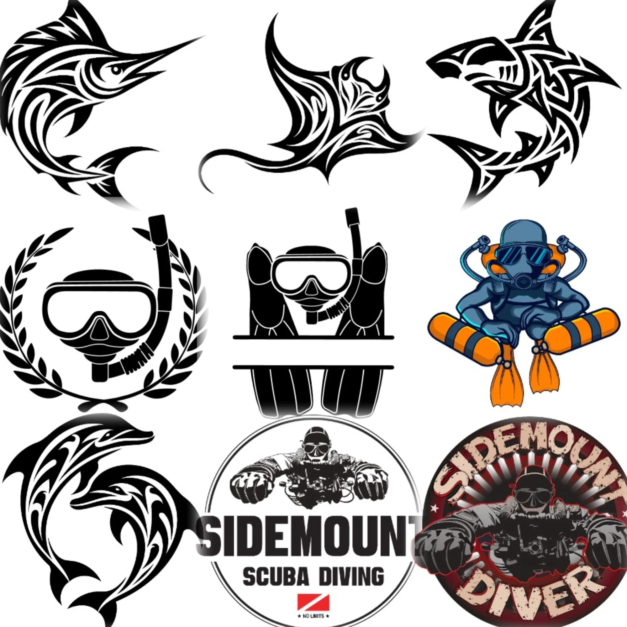 

Scuba Diver Diving Fish Sharks Rays Swordfish Dolphins Creative Stickers Accessories Customizable Size Car Van Wall Decal