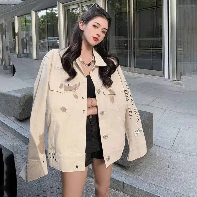 

Spring Autumn Denim Jacket Women's Outwear 2024 New Fashion Graffiti Loose Korean Vintage Hong Kong Style Casual Jeans Coat Tops