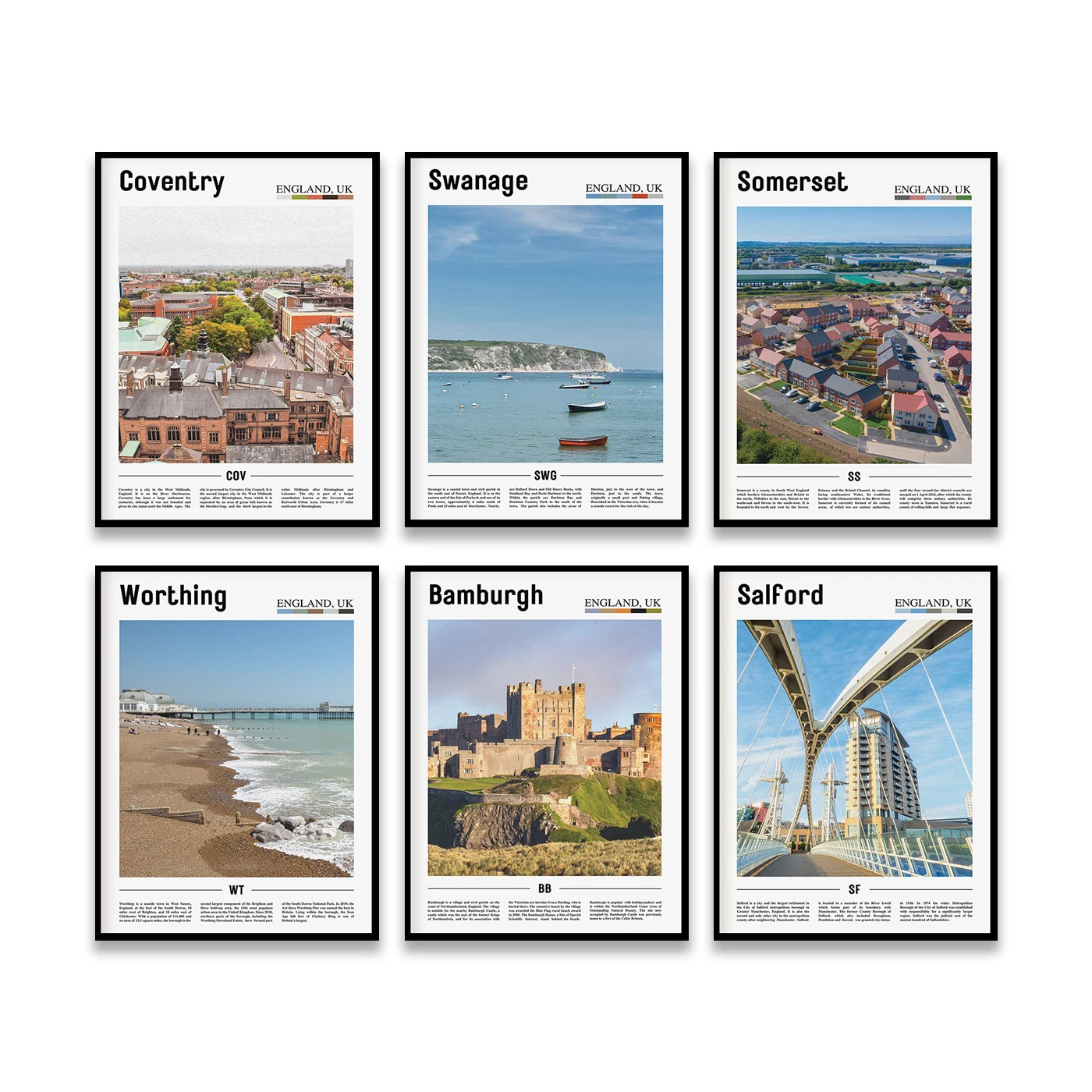 Salford Bamburgh que vale la pena el Swanage Southampton Lancashire East Sussex Somerset Camden Coventry ciudades viaje paisaje cartel
