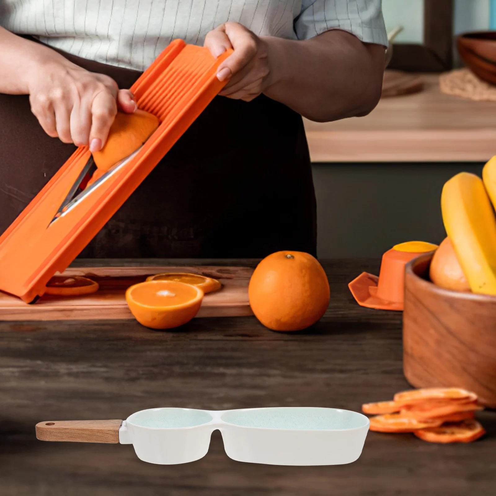 

Snack Bowl Ceramic Multi-Grid Tray Practical Snack Storage for Fruits Sauces Snacks Handheld with Wooden Handle