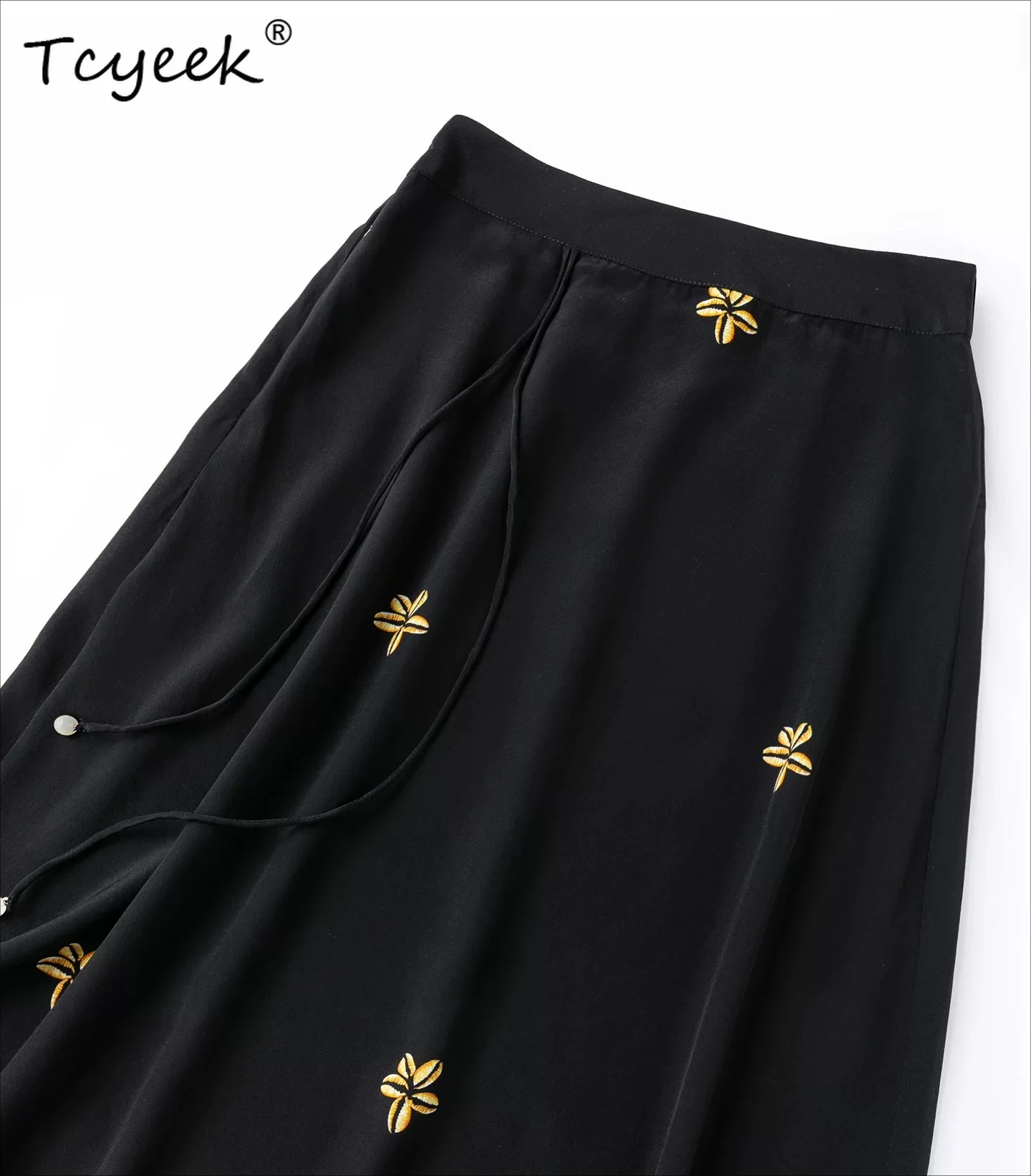 Tcyeek 100% Real Silk Womens Skirts Elegant Skirt for Woman Summer Clothes Split Beach Skirt Elastic Waist Faldones Para Mujer