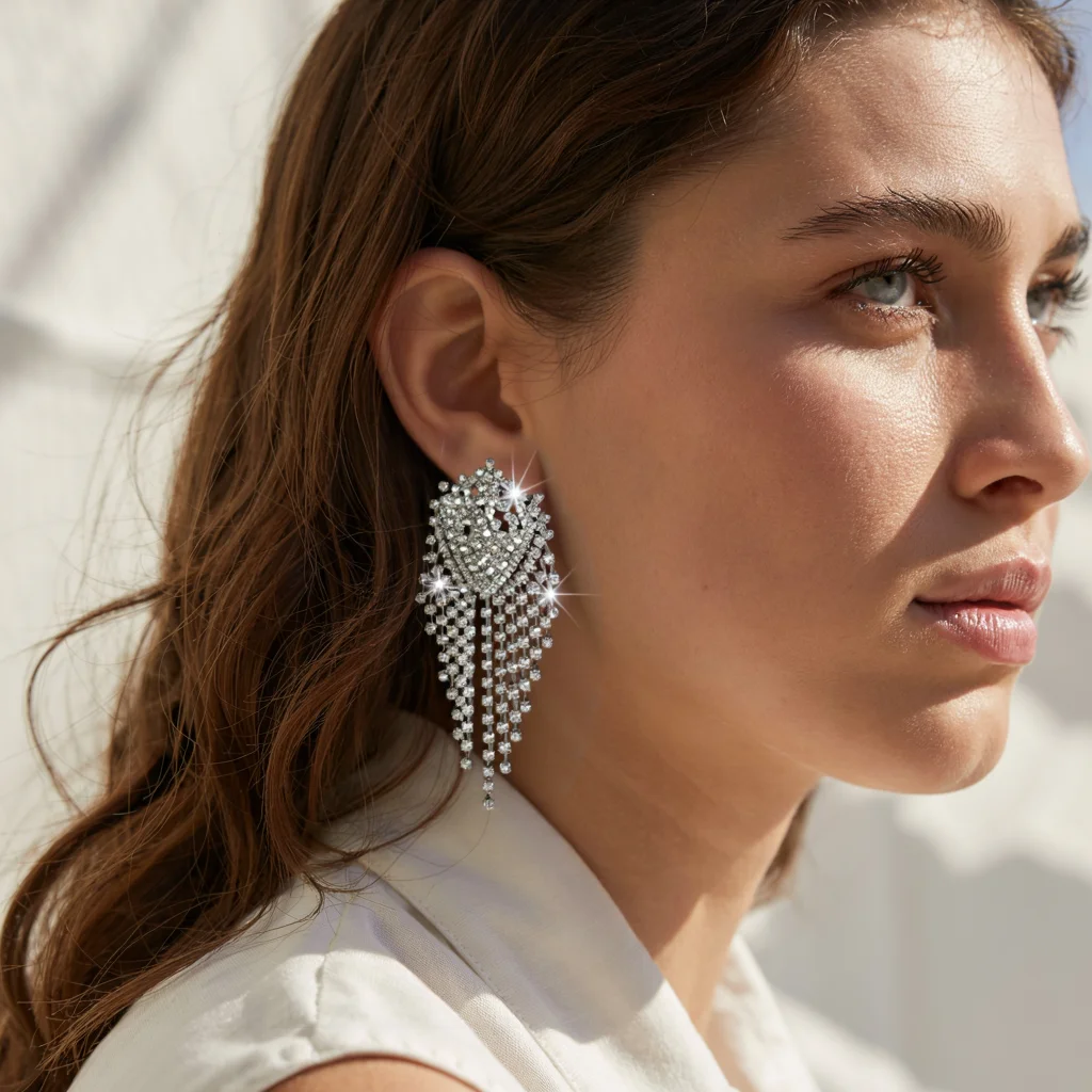

1 Pair Of new Trendy Tassel Earrings Inlaid With Rhinestone Simple And Atmospheric Classic Women's Travel And Vacation Gift