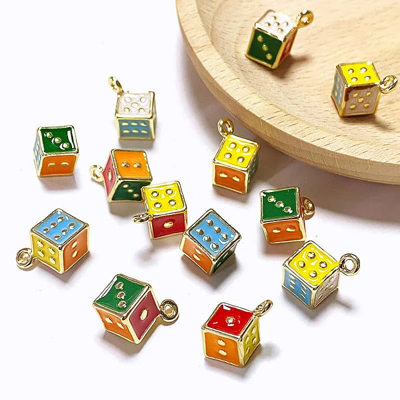 3D Colorful 6-Sided Dice Alloy Enamel Charms 10Pcs Cute Mini Table Game Pendant DIY For Earring Necklace Jewelry Make