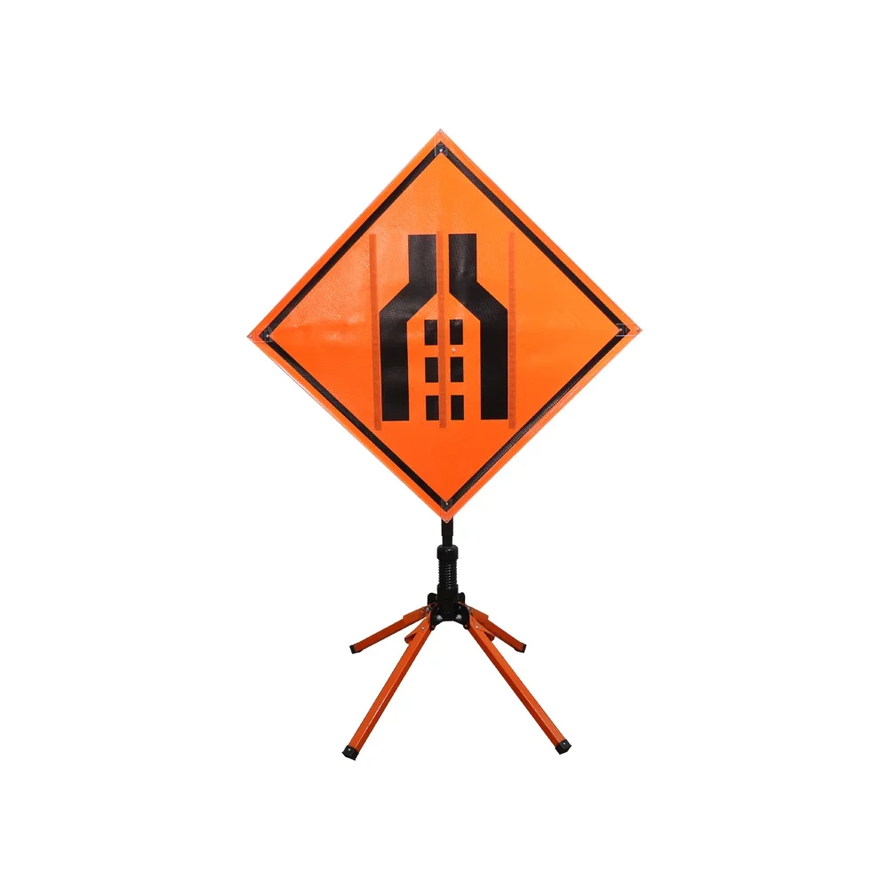 Orange Customized Printing Double Merge Symbol Lane Sticker Reflective Traffic Roll Up Sign and Stand