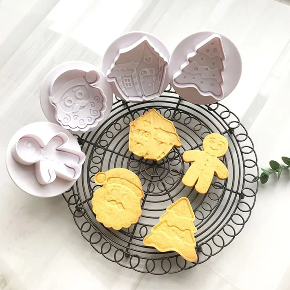 4pcs Christmas 3D Cookie Cake Plunger Cutter Baking Mould Cookie Stamp Biscuit DIY Mold Fondant Cake Decorating Tools