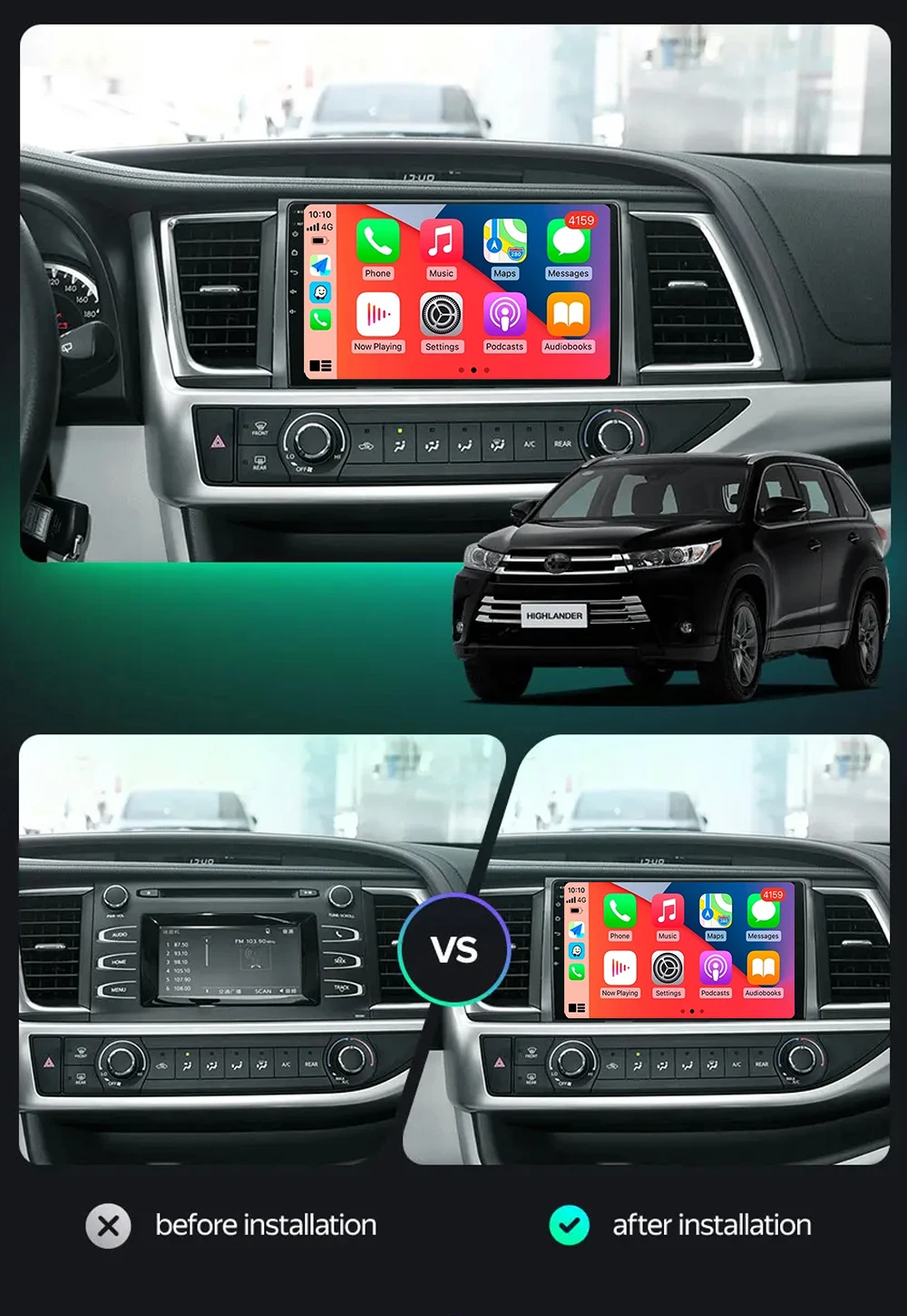 Android 14 Radio de coche para Toyota Highlander Kluger 3 XU50 2013 - 2019 reproductor Multimedia estéreo navegación estéreo CarPlay Auto BT