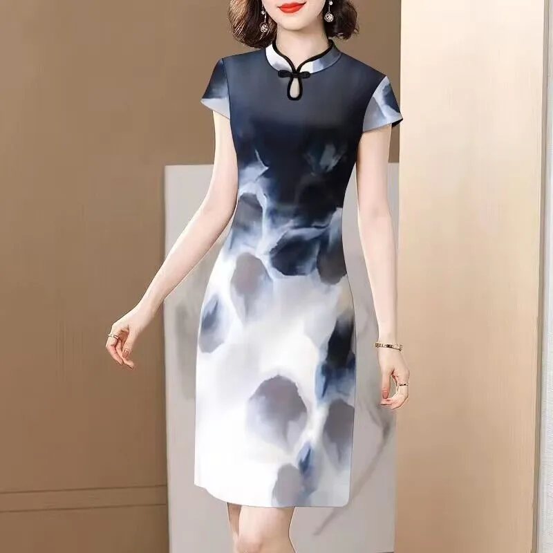 Vestido  Modificado de Crimento Médio Moda Fena Verão Estampado Camada Base com Cinto Disfarce de Gordura Man...