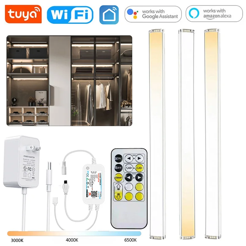 DC12V TUYA WIFI CCT Under Cabinet LED Light Kit 3Color Dimmable Kitchen Wardrobe Counter Lamp Remote/APP/Voice Control for Alexa