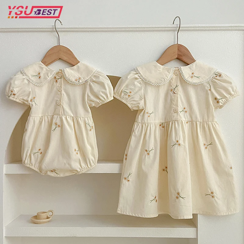 

Sisters Clothes Infant Baby Girls Lace Collar Dress Rompers Kids Girls Embroider Flower Princess Dress Family Clothes Rompers