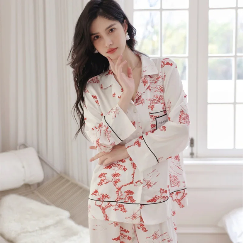 Luxury Ice Silk Pyjamas Suit Women Long Sleeve Shirt&pants Print Home Suit Summer New 2Pcs Pjs Pyjamas Nightwear Loungewear