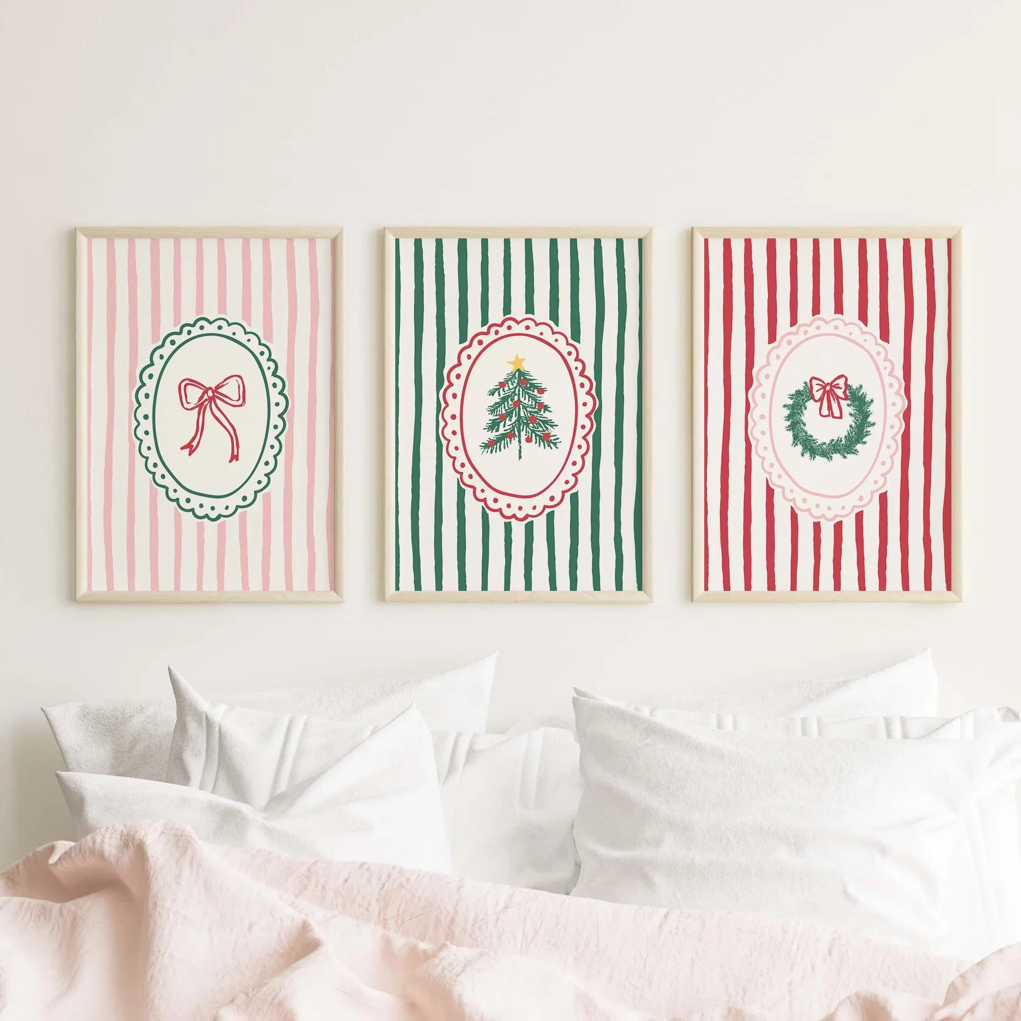 3PCS--3pcs/set Christmas Tree Bow Canvas Poster Green Red Striped Christmas Wall Art Prints for Modern Living Room Nursery Ho