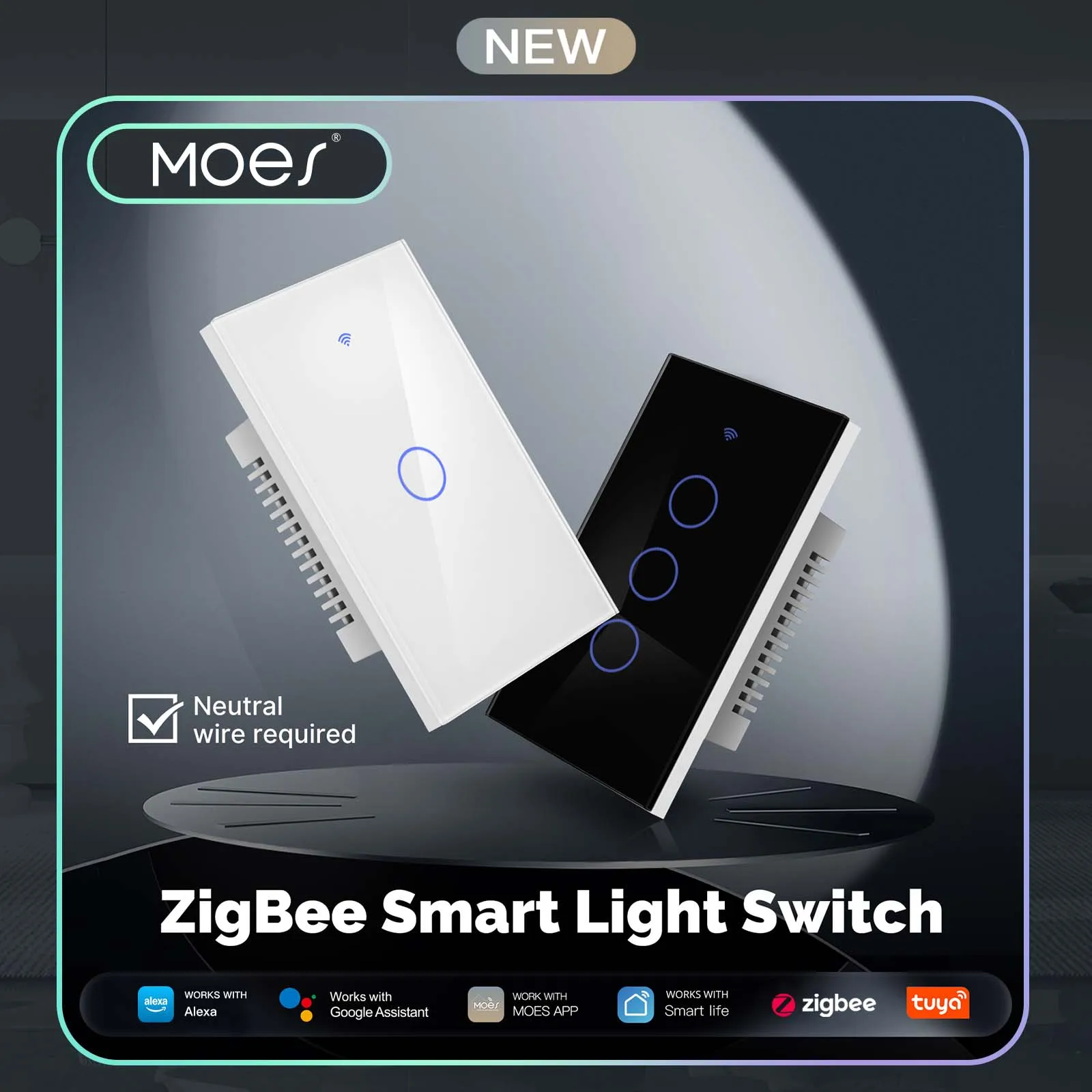MOES Tuya ZigBee Light Switch Touch Glass Panel Fireproof Neutral Wire Required Remote Control Work With Alexa Google Home