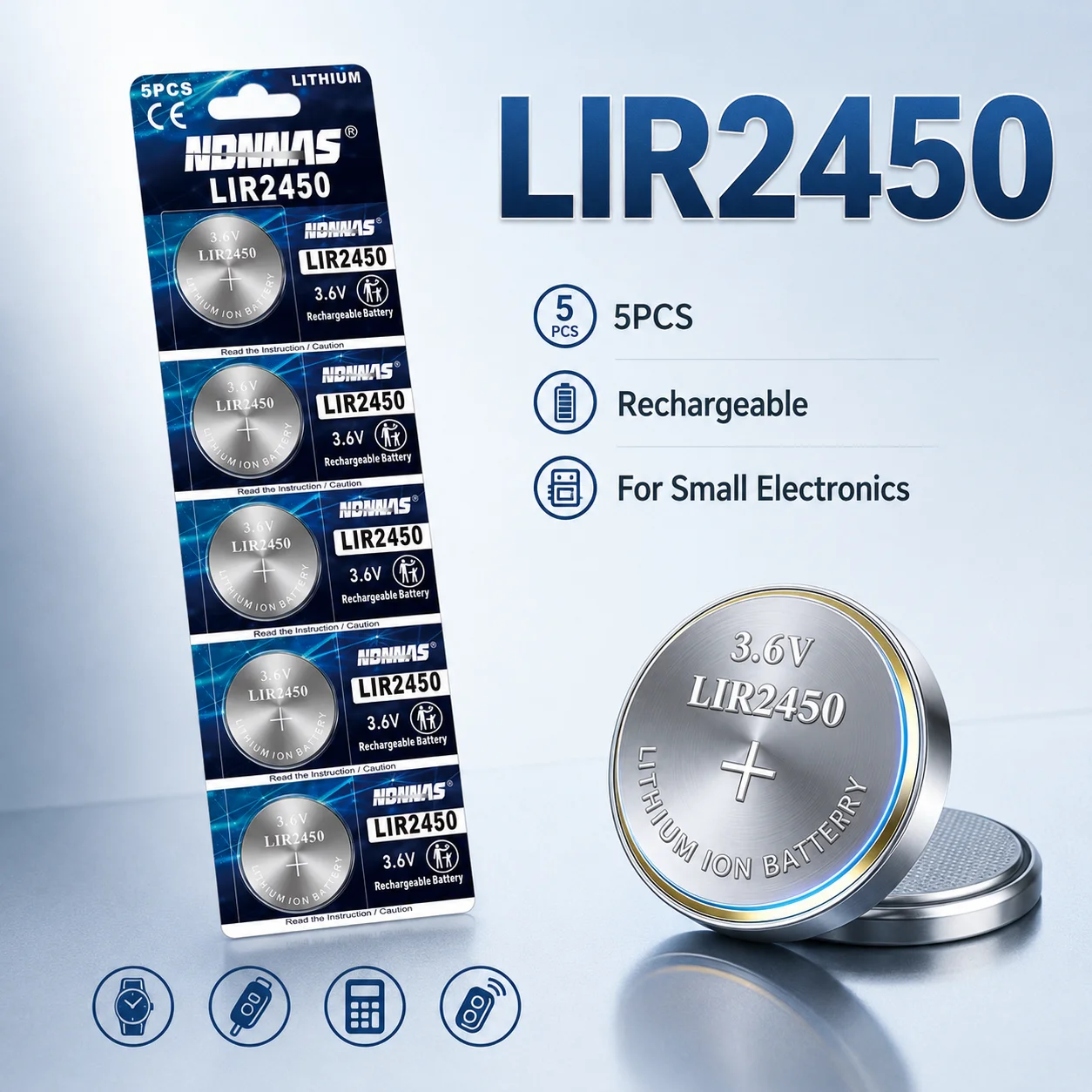 

LIR2450 3.6V 120mAh High Capacity Rechargeable Lithium Coin Button Battery Replacement Compatible With CR2450