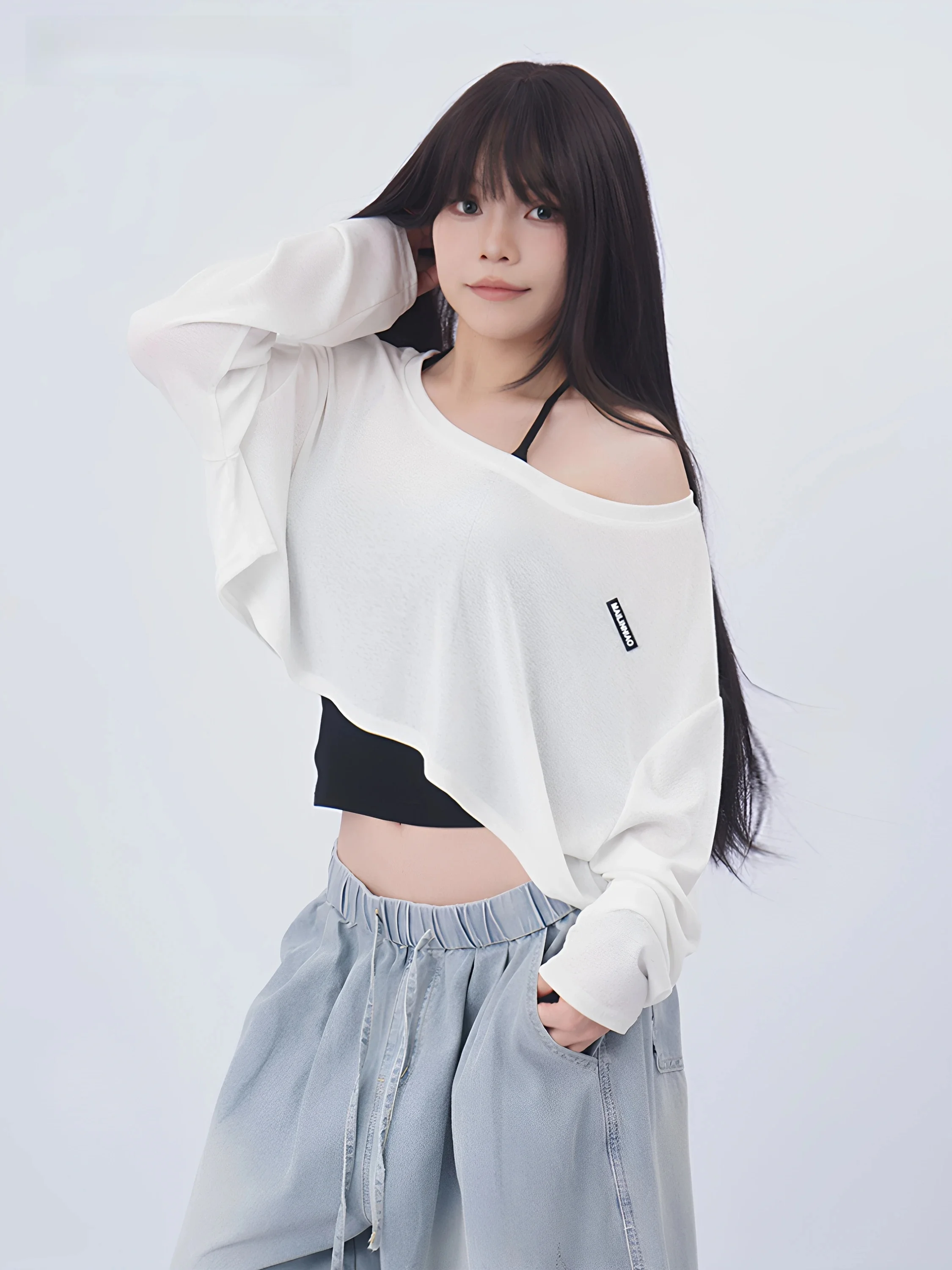 Hey Kooky Spicy Long Sleeve Cover up Women's Summer Loose Hip Hop Jazz Spicy Belly Top Sexy Style Pure Color Knitted T-shirt